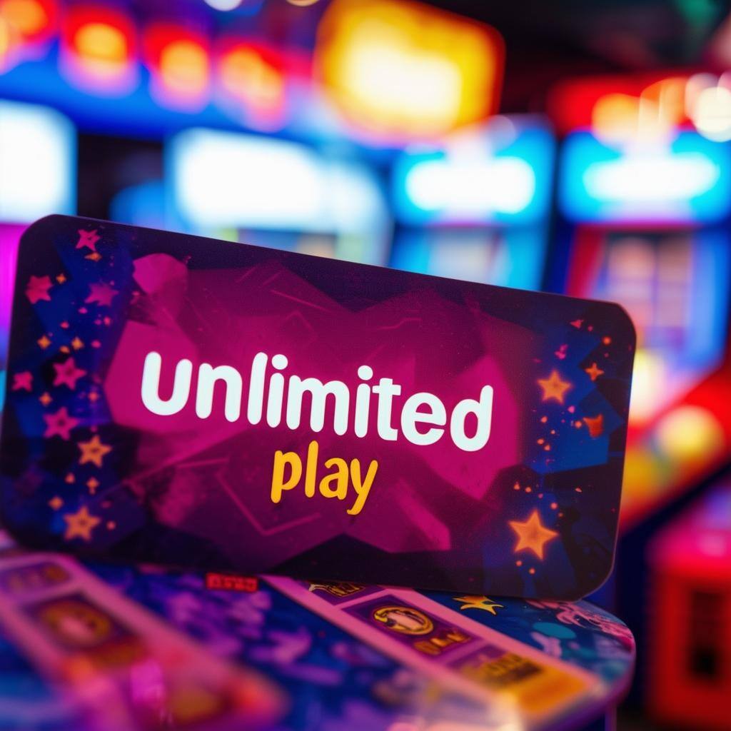 a close up of an arcade game card that says Unlimited play with a blurred arcade in the background