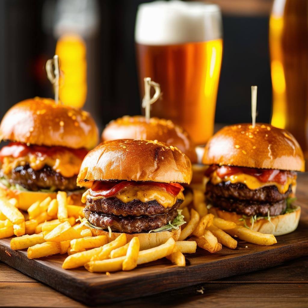 delicious hamburger sliders on a bed of crispy french fries with cold craft beer in the background on a wooden table