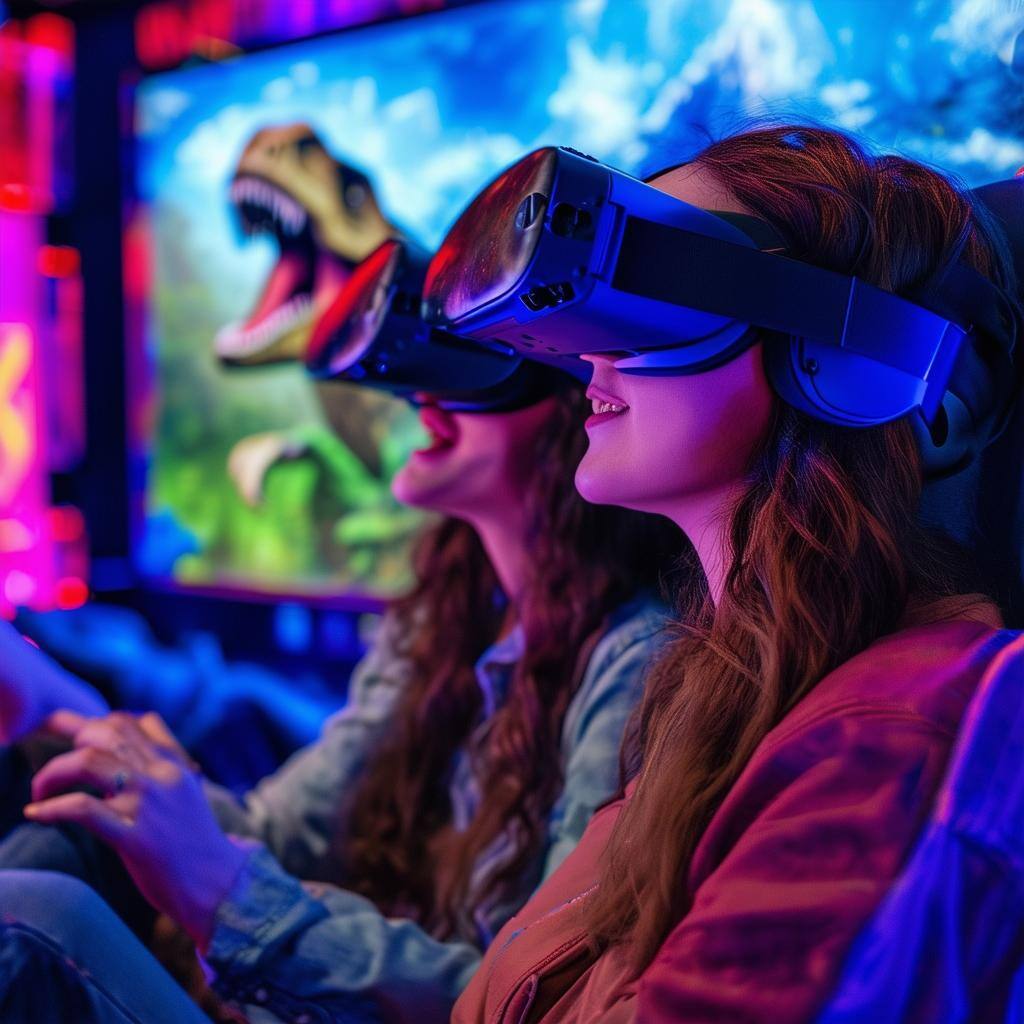 a couple wearing VR goggles playing the Jurrasic Park VR arcade game by Raw Thrills